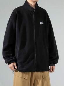 Men Letter Patched Zip Up Drop Shoulder Sweatshirt - Black - View 3
