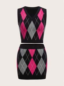 SHEIN EZwear 萬聖節菱形印花針織上衣&針織短裙 - 彩色 - 查看 1