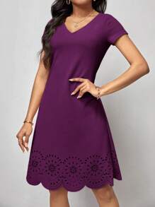 SHEIN Clasi 素色鏤空貝殼邊洋裝 - 紫色 - 查看 3