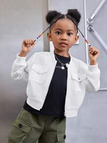 SHEIN Young Girl Flap Pocket Bomber Jacket - White - View 3