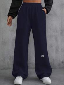 SHEIN EZwear 字母圖案斜口袋彈性腰帶衛褲 - 藏蓝色 - 查看 1