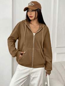 SHEIN EZwear 拉鍊落肩抽繩保暖襯裡連帽夾克 - 咖啡棕 - 查看 5