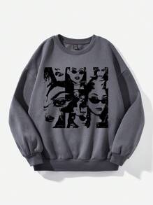 SHEIN EZwear 休閒字樣印花加厚圓領女裝寬鬆毛衣，適用於秋冬季節 - 深灰色 - 查看 4