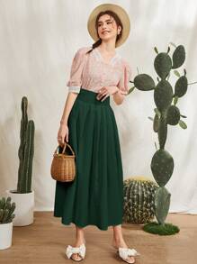 Mulvari Wide Waistband Solid Flared Skirt - Dark Green - View 4