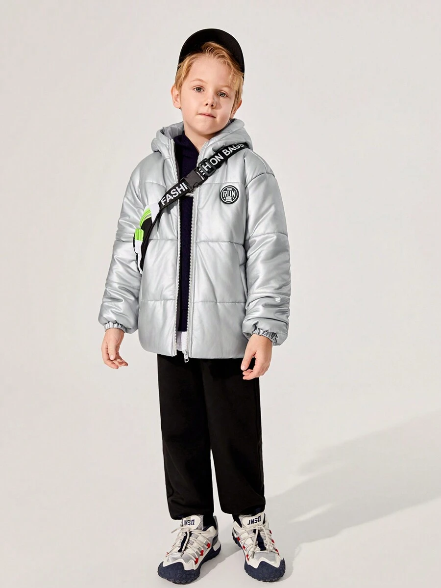 SHEIN Tween Boys' Casual Patch Hooded Warm Winter Parka Jacket, Thick Woven Solid-Color Outerwear - Silver - View 1