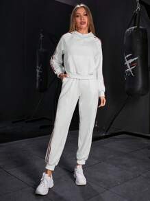 Striped Tape Side Hoodie & Sweatpants - White - View 4