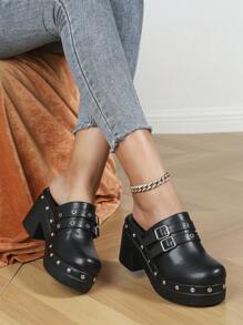 女士厚底滑入式馬車鞋,亮釦細節無後跟設計,休閒穿著款式流行 - 黑色 - 查看 2