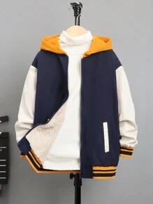 SHEIN Ragazzo Tween 1 pezzo Giacca varsity con grafica slogan color block spalle cadenti con cappuccio foderato termico