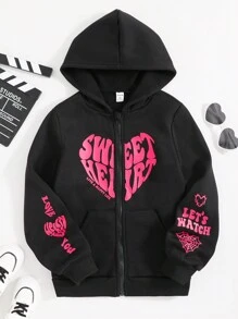 SHEIN 青少年女孩愛心和字母圖案拉鏈開襟加絨內裏連帽衫