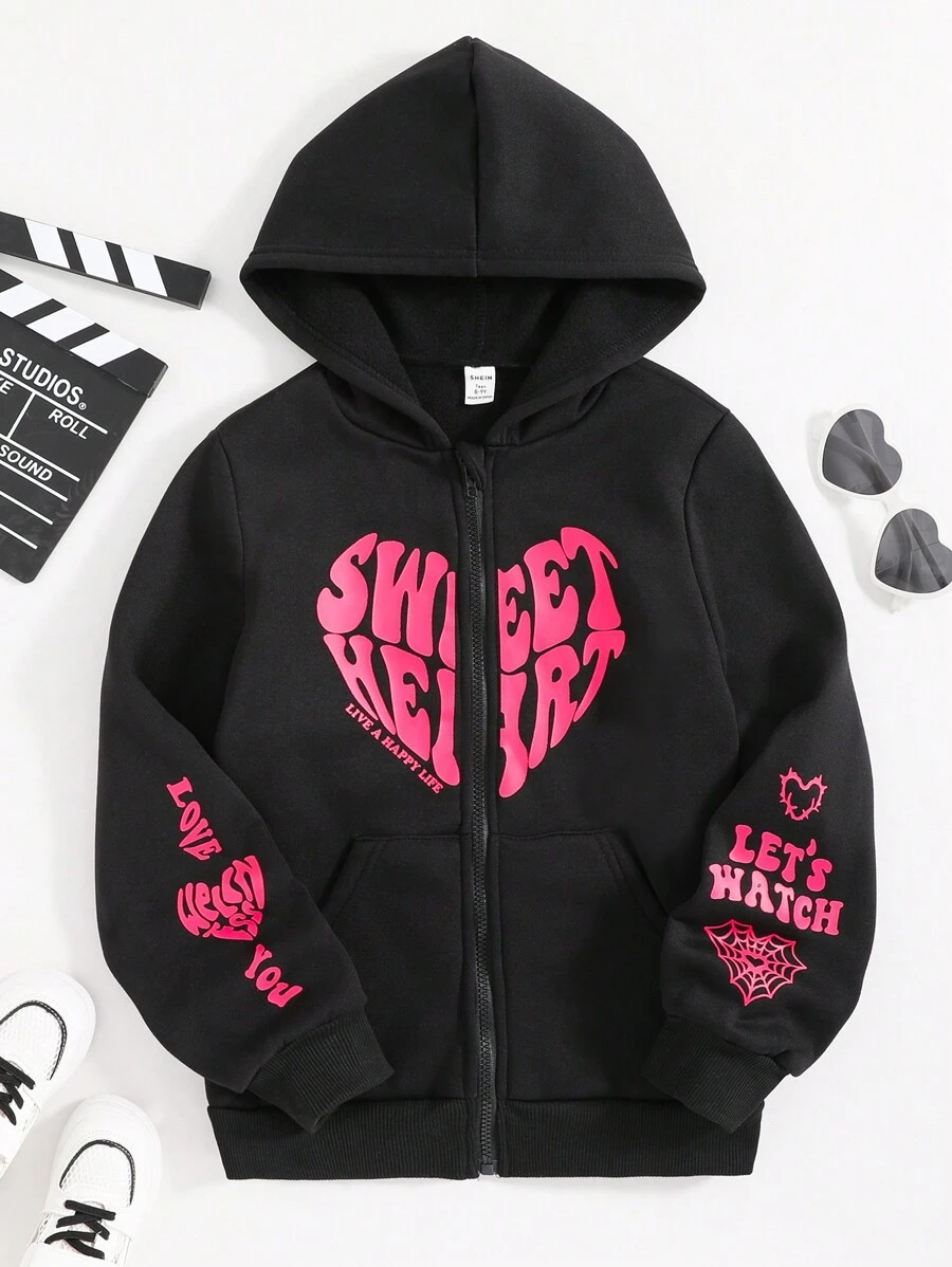 SHEIN 青少年女孩愛心和字母圖案拉鏈開襟加絨內裏連帽衫