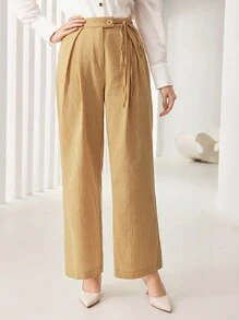 Seusyu Pantalones de pierna ancha de talle alto con cinturón - Albaricoque - Ver 3