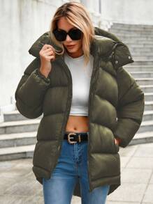 EURMUSE Zip Up Hooded Puffer Coat - Dark Green - View 1