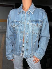 EURMUSE Flap Pocket Drop Shoulder Denim Jacket - Blue - View 5