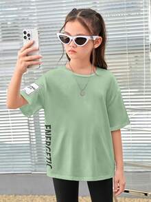 SHEIN Tween Girl Letter Graphic Drop Shoulder Split Hem Tee - Green - View 3