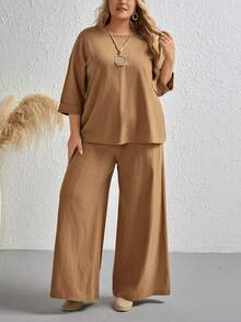 EMERY ROSE 大碼素色T恤&闊腿褲 - 咖啡棕 - 查看 4