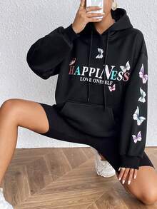 Slogan & Butterfly Print Kangaroo Pocket Drop Shoulder Drawstring Hoodie - Black - View 4