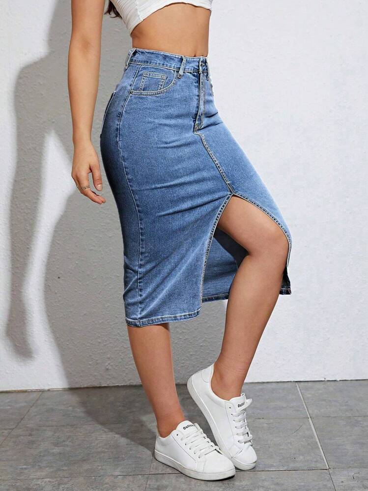 SHEIN Jeanoir Gonna in denim vita alta a fessura alta - Blu lavato medio - Visualizzare 5