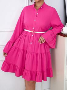 Celure Plus Flare Sleeve Layered Ruffle Hem Smock Dress - Hot Pink - View 7