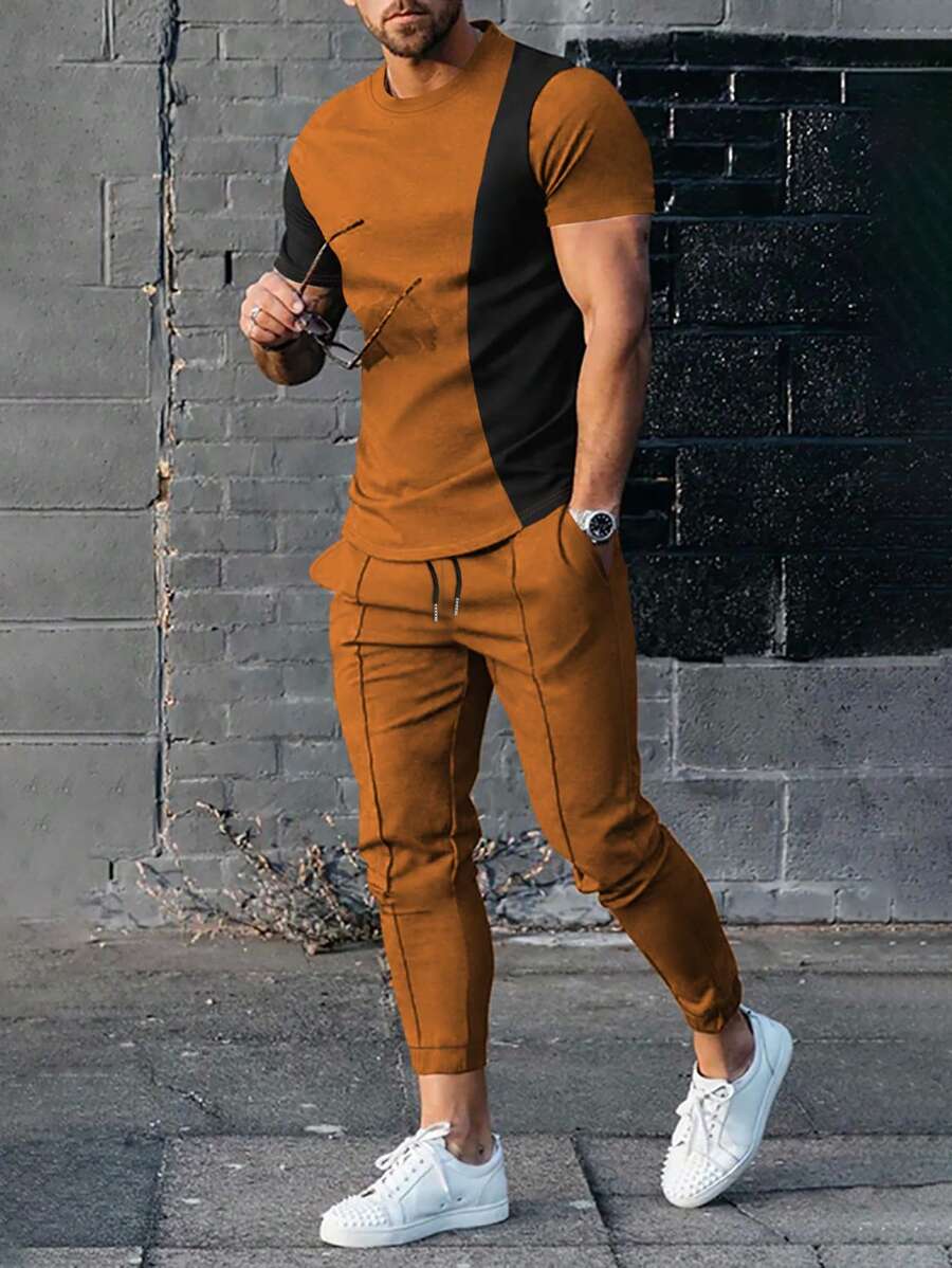 Manfinity Homme Men Two Tone Tee & Drawstring Waist Joggers - Brown - View 1