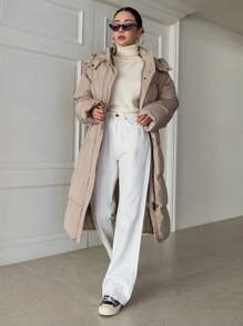 DAZY Slant Pockets Hooded Puffer Thick Pockets Coat - Khaki - View 5