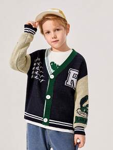 SHEIN Tween Boy Casual Loose Long Sleeve V-Neck Cardigan Sweater - Multicolor - View 2