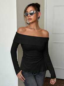 SHEIN ICON Off Shoulder Foldover Front Tee - Black - View 5