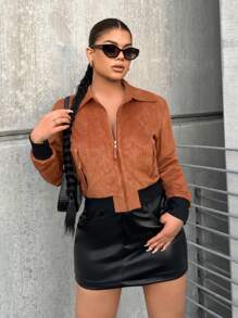 SHEIN SXY Zip Up Suedette Jacket - Brown - View 4