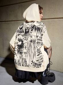 Batman X ROMWE 漫畫人物&字母圖案下垂肩連帽衫 - 杏色 - 查看 1