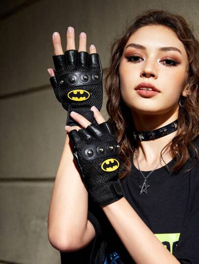 Batman X ROMWE 1 par Guantes sin dedo con estampado de murciélago