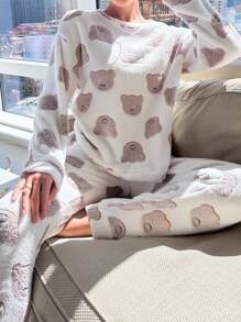 Cartoon Graphic Drop Shoulder PJ Set / Pajama Set Cozy And Elegant Details, Fall Winter Clothes - Multicolor - View 5