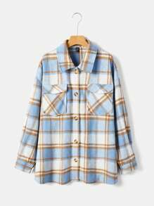 SHEIN EZwear Talla grande Abrigo con estampado de cuadros de hombros caídos con bolsillo con solapa - Multicolor - Ver 1