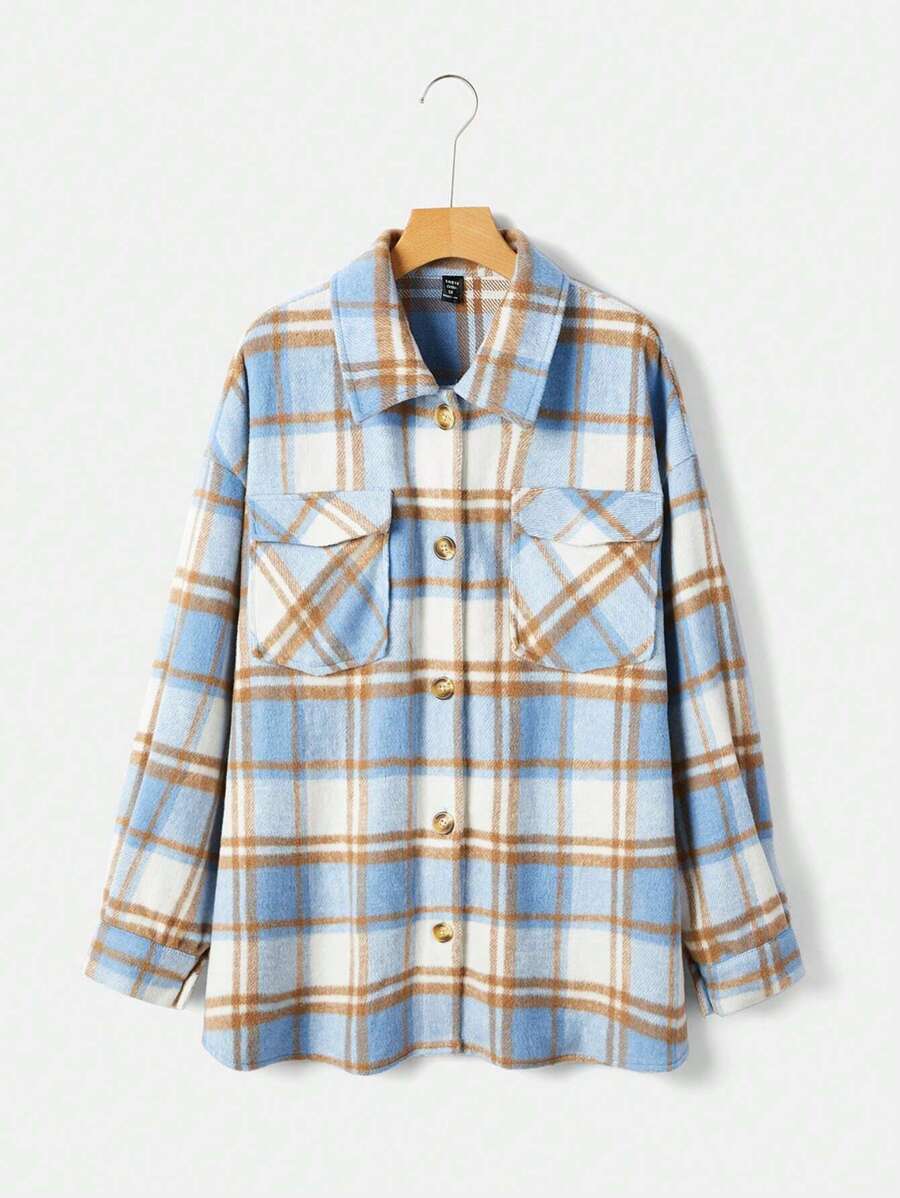 SHEIN EZwear Talla grande Abrigo con estampado de cuadros de hombros caídos con bolsillo con solapa - Multicolor - Ver 1