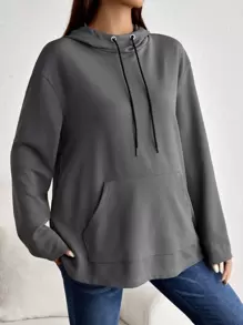 SHEIN Nursing Kangaroo Pocket Drop Shoulder Drawstring Hoodie - Grey - View 5