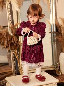 Váy đầm ren tương phản cho bé gái - Màu Đỏ Sâu - Xem 5