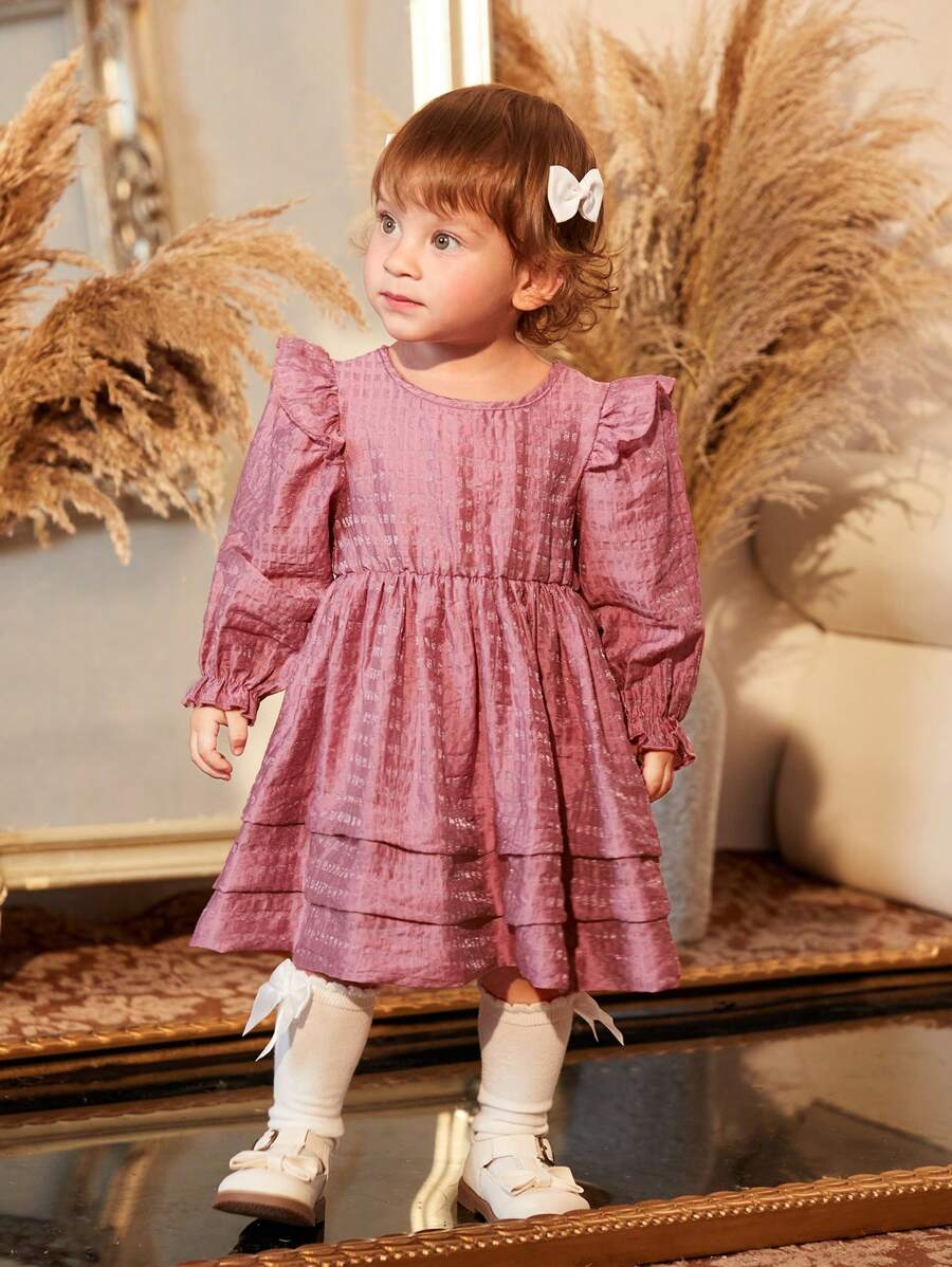 女童嬰兒荷葉邊荷葉邊袖層下擺洋裝 - 紫羅蘭色 - 查看 1