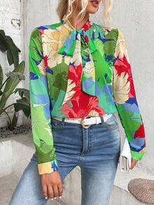 SHEIN LUNE 印花繫帶領襯衫 - 彩色 - 查看 6