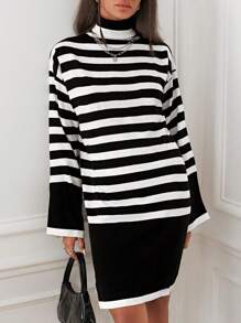 EURMUSE Striped Pattern Mock Neck Drop Shoulder Sweater Dress - Black and White - View 1