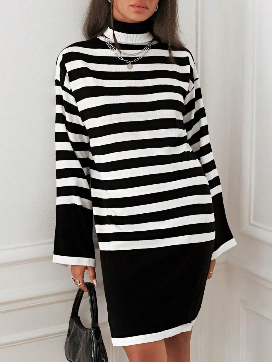 EURMUSE Striped Pattern Mock Neck Drop Shoulder Sweater Dress - Black and White - View 1