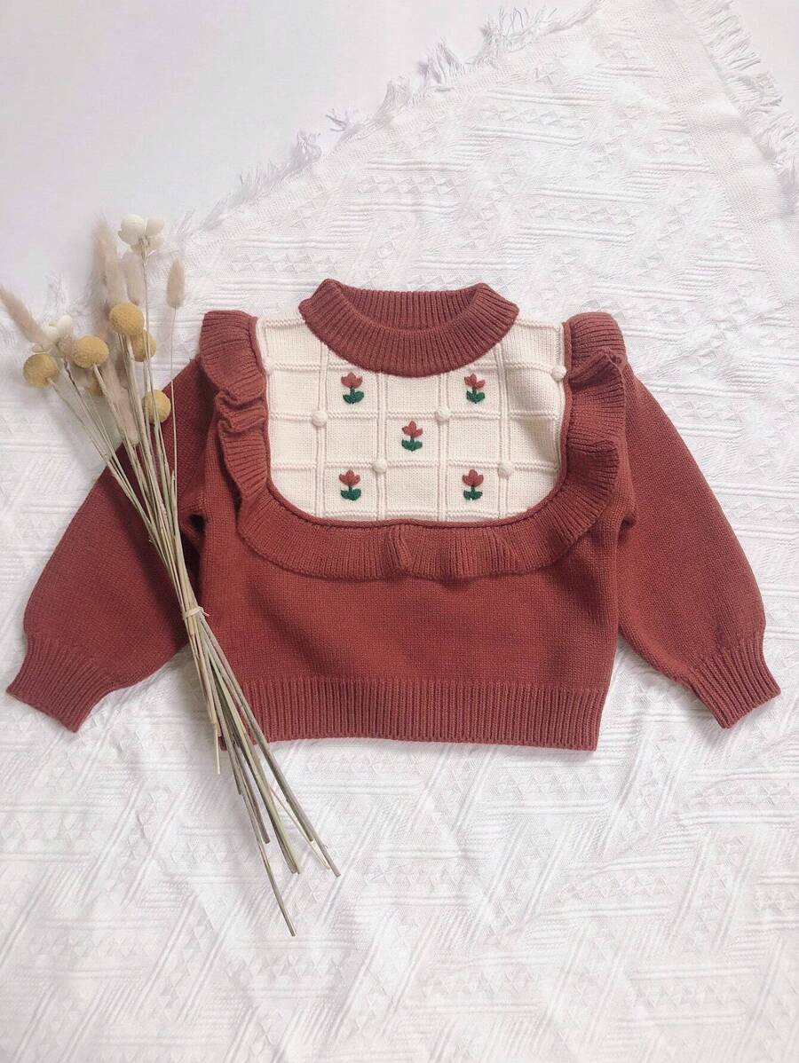 Young Girl Floral Embroidery Ruffle Trim Sweater - Red - View 1