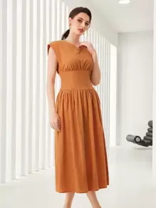 Mulvari Vestido línea A de manga casquillo unicolor - Naranja Coral - Ver 6