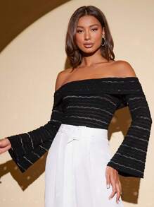 SHEIN Tall Striped Print Off Shoulder Tee - Black - View 4