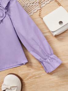 SHEIN Young Girl Ruffle Trim Flare Sleeve Bow Front Shirt - Purple - View 3