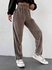 EURMUSE Elastic Waist Contrast Side Seam Pants - Brown - View 3