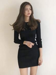 DAZY 纯色罗纹针织毛衣裙，秋季女装