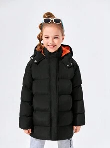 SHEIN Tween Girl Zip Up Snap Button Hooded Padded Coat - Black - View 7