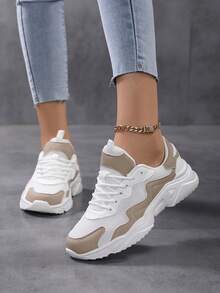 女式厚底運動鞋增高休閒運動鞋，四季皆宜 - 卡其色 - 查看 2