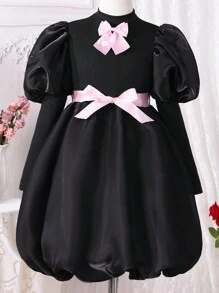 SHEIN Tween Girl Bow Front Gigot Sleeve Dress - Black - View 1