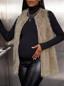 SHEIN Maternity Solid Fuzzy Open Front Vest Coat, For Winter - Camel - View 6