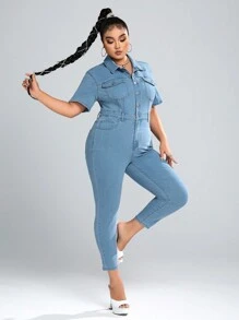 SHEIN ICON 加蓋袋正面鈕扣牛仔連身褲 - 淺色水洗藍 - 查看 3