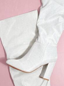 Faux Leather Thigh High Block Heel Boots - Silver - View 2